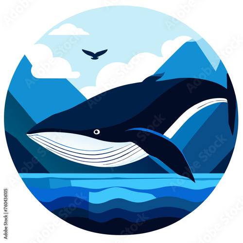 A majestic whale breaches the ocean surface, its massive body glistening in the sunlight.