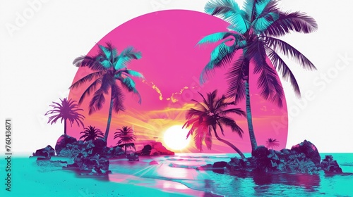 Tropikalny wschód słońca na środku oceanu, obok kamienistych wysepek, gdzie rosną palmy. Niebo jest białe z abstrakcyjną różową kulą wokół słońca w stylu retro