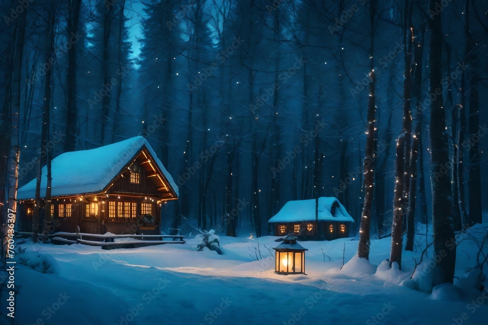 Enchanted winter forest with a cozy cabin surrounded by glowing lanterns Enchanted winter forest with a cozy cabin surrounded by glowing lanterns