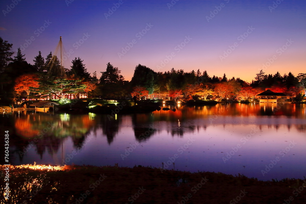 国営昭和記念公園のライトアップされた日本庭園と紅葉の夕景