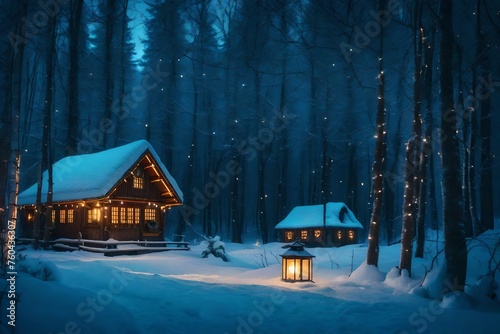 Enchanted winter forest with a cozy cabin surrounded by glowing lanterns