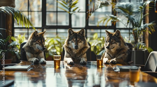 Wolves in a boardroom, each representing a department, working together to form a cohesive strategy, embodying teamwork and unity in corporate structure. photo
