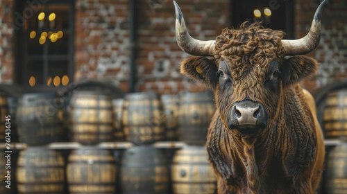 An Ox guards a brewery entrance with craft beer barrels, symbolizing artisanal quality and craftsmanship.
