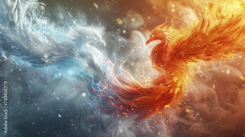 Phoenix in a dance of flames and ice, symbolizing the balance between innovation and tradition, passion and reason, in business strategies.