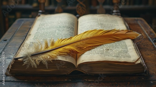 Phoenix feather quill writing a new chapter in an open book, set on an antique desk, symbolizing the power of storytelling in branding and marketing.