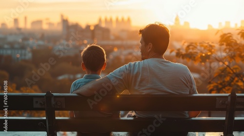 photo of cityscape, golden hour, father and son are sitting on bench with their backs to the camera