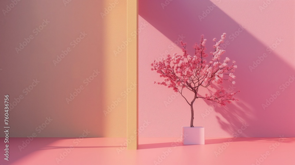 Małe drzewko umieszczone w białej wazie na różowej podłodze. Obraz przedstawia prosty i minimalistyczny układ, z naciskiem na kształty, linie i kolory. - obrazy, fototapety, plakaty 