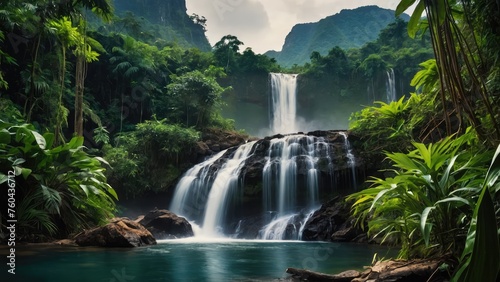 green forest landscape with waterfall