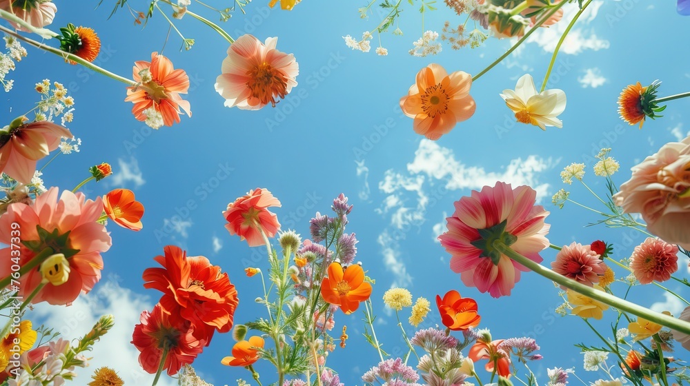 Widok z dołu na kwitnące kwiaty na łące na tle czystego wiosennego nieba, tworząc widoczny kontrast. - obrazy, fototapety, plakaty 