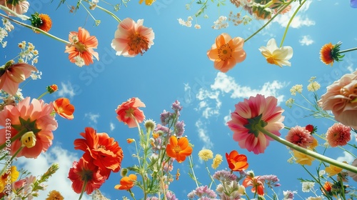 Widok z dołu na kwitnące kwiaty na łące na tle czystego wiosennego nieba, tworząc widoczny kontrast.