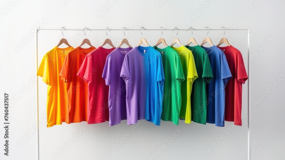 row of colorful tshirt hanging on a horizontal pole in a bright airy white wall based shop