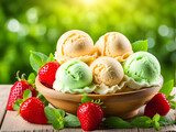 Delicious ice cream set against a natural background. Ice cream is the perfect food to eat in the summer.