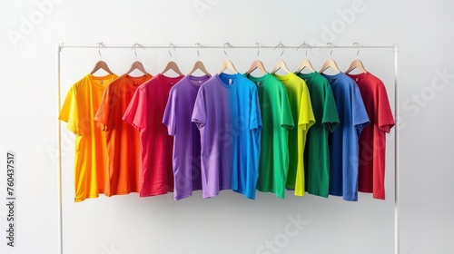 row of colorful tshirt hanging on a horizontal pole in a bright airy white wall based shop