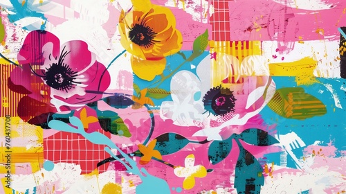 Obraz przedstawia kolorowe kwiaty na jasnoróżowym tle. Kwiaty są namalowane w stylu pop-art, nawiązującym do wiosny.