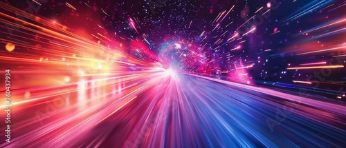 Speed data, cosmos, space motion blur. Bursting, glowing lines, road, rays in space leading to light explosion. Business, science, fantasy backdrop for data, research, travel, space.