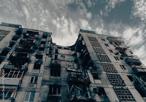 destroyed and burned houses in the city during the war in Ukraine