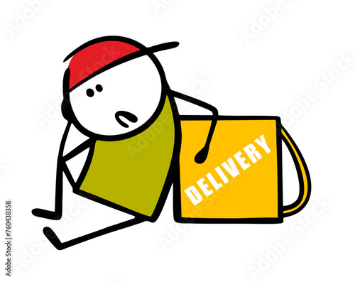 Doodle young delivery service employee lost his way. Vector illustration of a problem at work, a courier in cap fell, sits on the ground, holds a box. Isolated character on white background.
