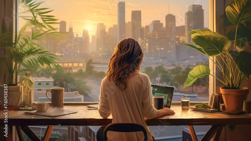 A woman absorbed in work, surrounded by plants, with a window, works at home overlooking the cityscape. Illustration of a home cozy office with the concept of work-life balance. Generated AI photo