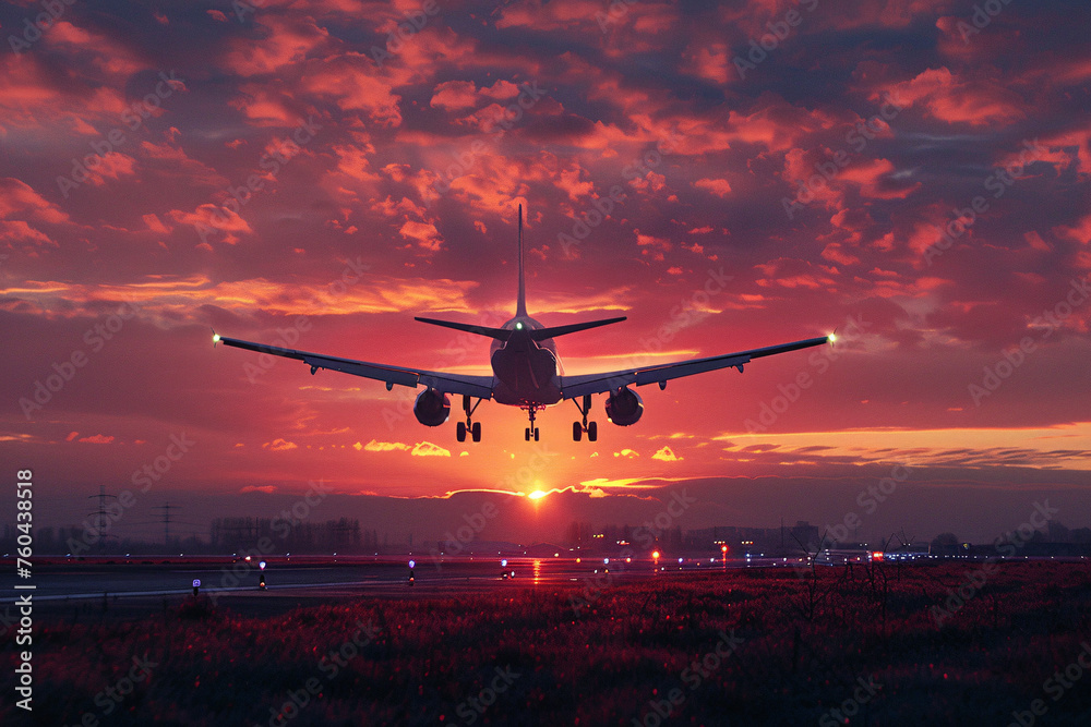 A commercial airplane landing or taking off during sunset, air travel, vacation plans concept A commercial airplane landing or taking off during sunset, air travel, vacation plans concept