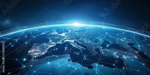 The idea of a global network and connectivity on Earth, data transfer and cyber technology, information exchange and international telecommunication, and the digital globe centered on Europe