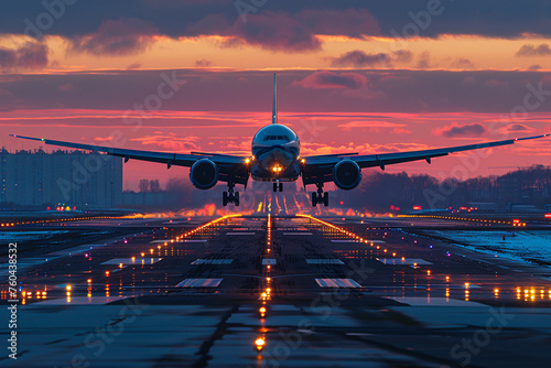 A commercial airplane landing or taking off during sunset, air travel, vacation plans concept photo