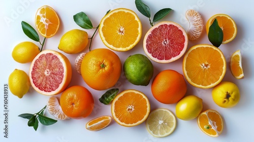 Fresh Assorted Citrus Fruits with Leaves on White Background - Oranges, Lemons, Limes, and Grapefruits photo
