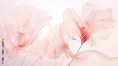 A composition of delicate transparent pink flowers, with smooth lines in a modern style on a white background. Concept for postcard or invitation layout. Generated AI © Kufotos
