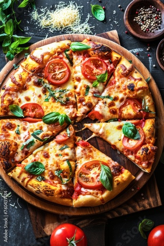 Freshly Baked Pepperoni Pizza With Sliced Tomatoes and Basil on a Wooden Board