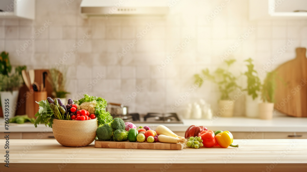 Fresh vegetables in a basket and bowl on a wooden countertop with a blurred kitchen in the background with morning light and shadow. The concept of natural farm products.. Generated AI Fresh vegetables in a basket and bowl on a wooden countertop with a blurred kitchen in the background with morning light and shadow. The concept of natural farm products.. Generated AI