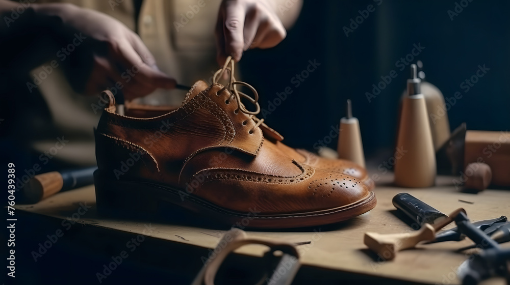 Craftsman make shoe from grain leather on workplace. Shoemaker performs shoes in studio craft - obrazy, fototapety, plakaty 
