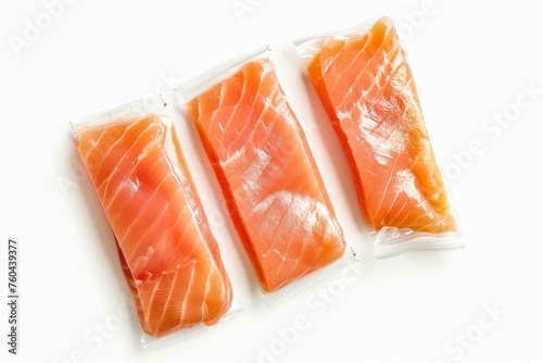 Top View of Preserved Salmon Fillets in Vacuum Pack, Clean White Background