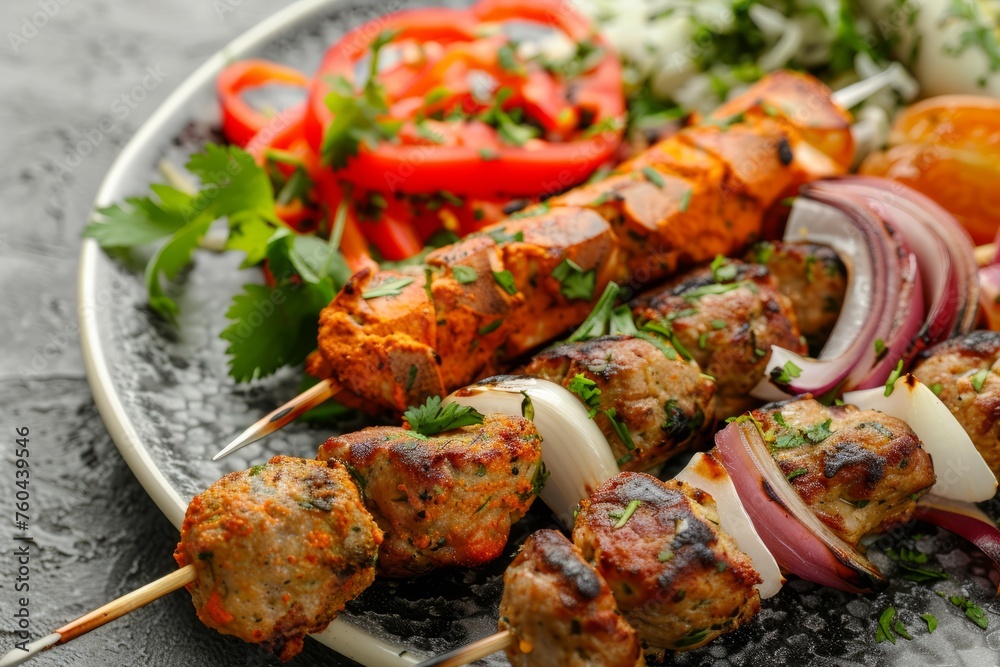 Exotic Tikka, Shish, and Kofta Kebabs Feast on Grey Stone, Top View