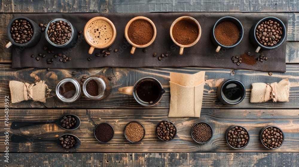 Top View Assortment of Different Coffee Cups and Beans on Rustic Wooden Table, Aromatic Morning Brew Variety Concept Top View Assortment of Different Coffee Cups and Beans on Rustic Wooden Table, Aromatic Morning Brew Variety Concept