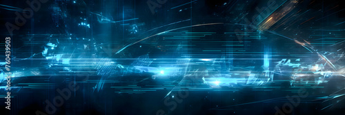 Abstract technology banner background, Network light effect, blue and orange color. Concept visualization of sound waves. Generation AI.