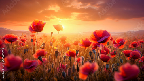Panoramic view of the sunlight or sunset over the mountains, with a field of bright red poppies with magic light. Generated AI. Beautiful layout for a postcard