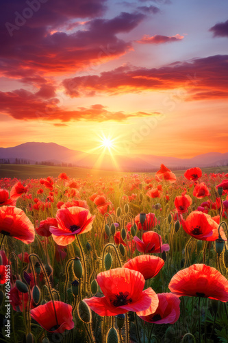 Panoramic view of the sunlight or sunset over the mountains  with a field of bright red  poppies with magic light. Generated AI. Beautiful layout for a postcard