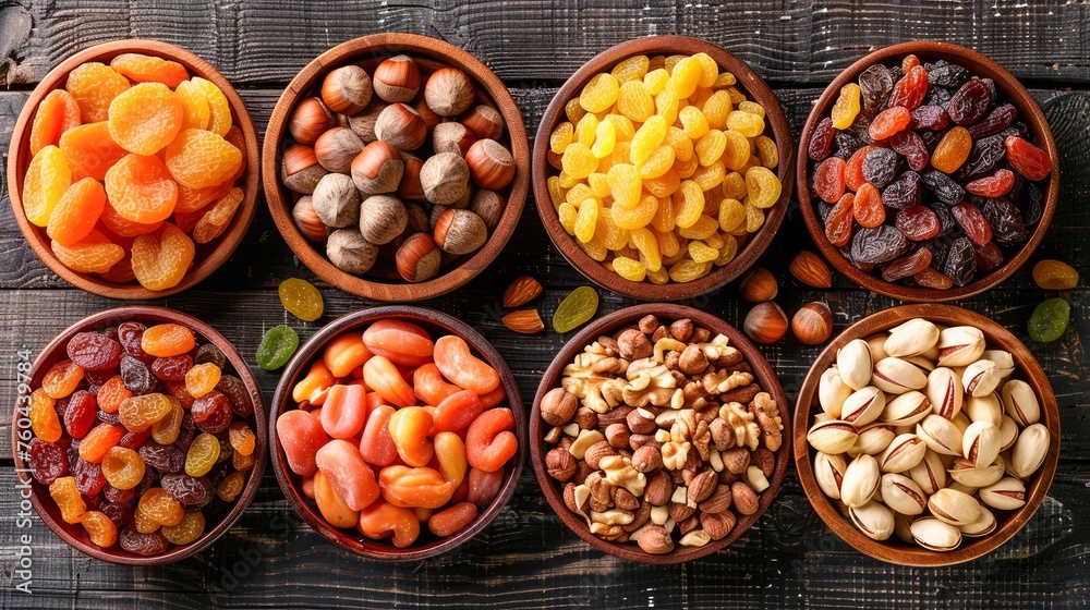 Variety of Dried Fruits and Nuts in Terra Cotta Bowls on Rustic Wooden Background, Healthy Snack Options Variety of Dried Fruits and Nuts in Terra Cotta Bowls on Rustic Wooden Background, Healthy Snack Options