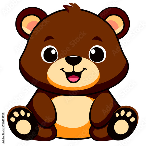 Cute cartoon brown bear with big eyes and a smile, sitting with its paws on the ground.