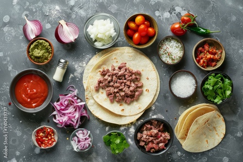 Prepping Fresh Taco Ingredients  Grey Background Overhead Shot