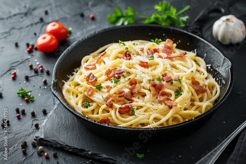 Gourmet Spaghetti Carbonara with Crispy Bacon, Stone Background