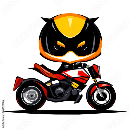 A cartoon illustration of a masked character riding a red motorcycle.