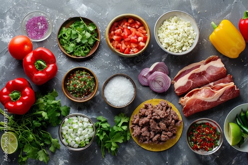 Taco Making Ingredients Spread, Artistic Top View on Grey