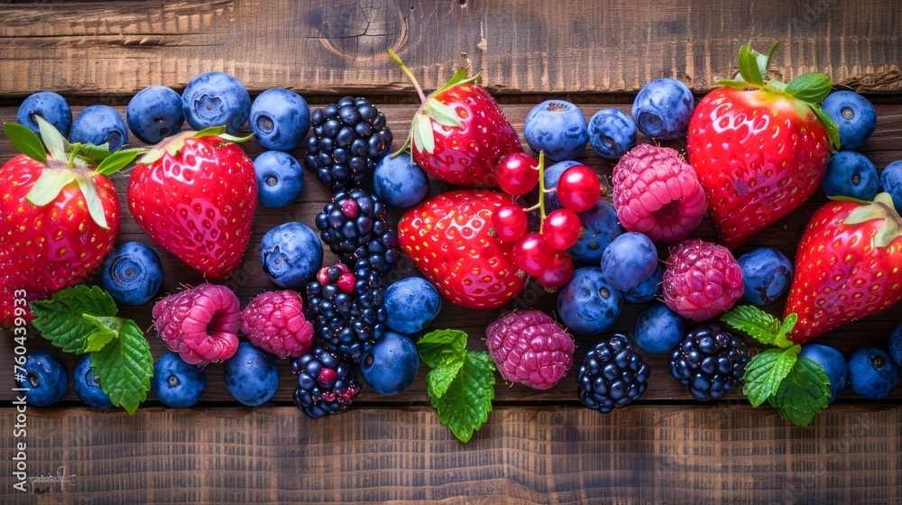 Fresh Assorted Berries with Mint on Rustic Wooden Background for Healthy Eating and Nutrition