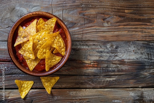 Crispy Tortilla Chips with Fresh Salsa on Weathered Wood, Overhead Shot