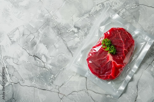 Sealed Airtight Beef Meat on Textured Marble Background, Top Angle