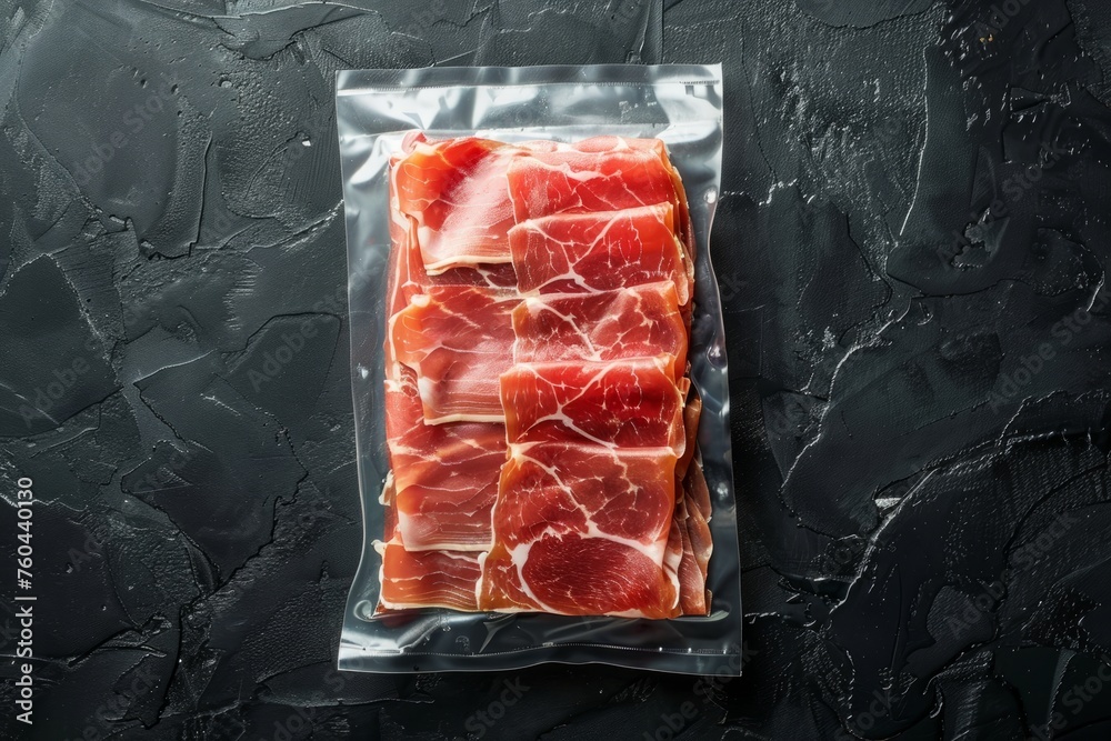 Elegant Serrano Ham, Vacuum Sealed on Black Textured Surface, Flat Lay