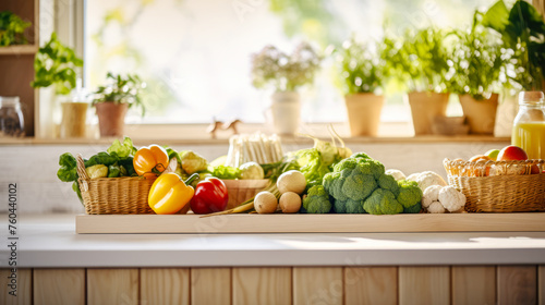 Wallpaper Mural Fresh vegetables in a basket and bowl on a wooden countertop with a blurred kitchen in the background with morning light. The concept of natural farm products grown in the garden. Generated AI Torontodigital.ca