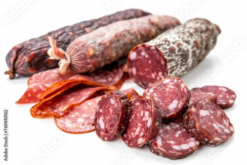 Assortment of Fuet and Chorizo Dry Cured Sausages on White Background