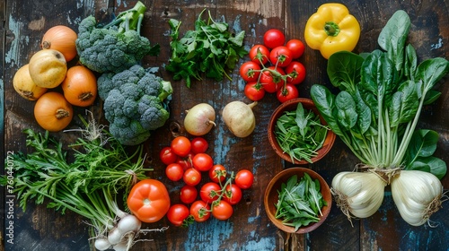 Assortment of Fresh Organic Vegetables on Rustic Wooden Table for Healthy Eating and Nutrition