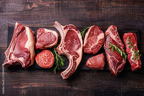 Assorted Black Angus Steaks: Tomahawk, Rib Eye, and More on Wooden Background